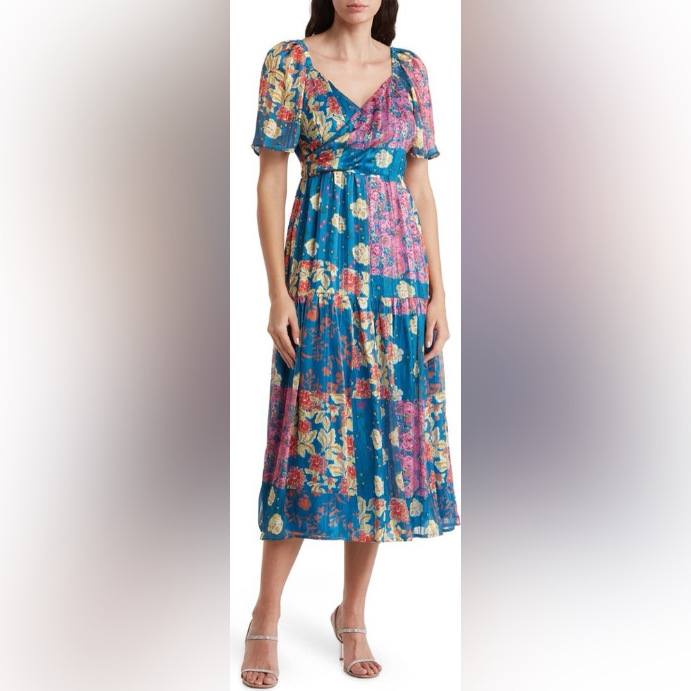 Adelyn Rae Blue Floral Patchwork Midi Dress, Large, wedding guest/ Mother’s Day - Picture 2 of 11